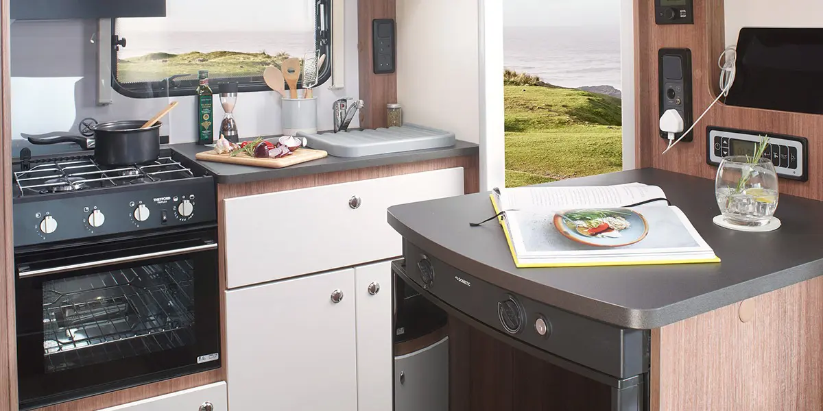 Advance 59-2 rear kitchen and Dometic 95 litre refrigerator with detachable freezer compartment