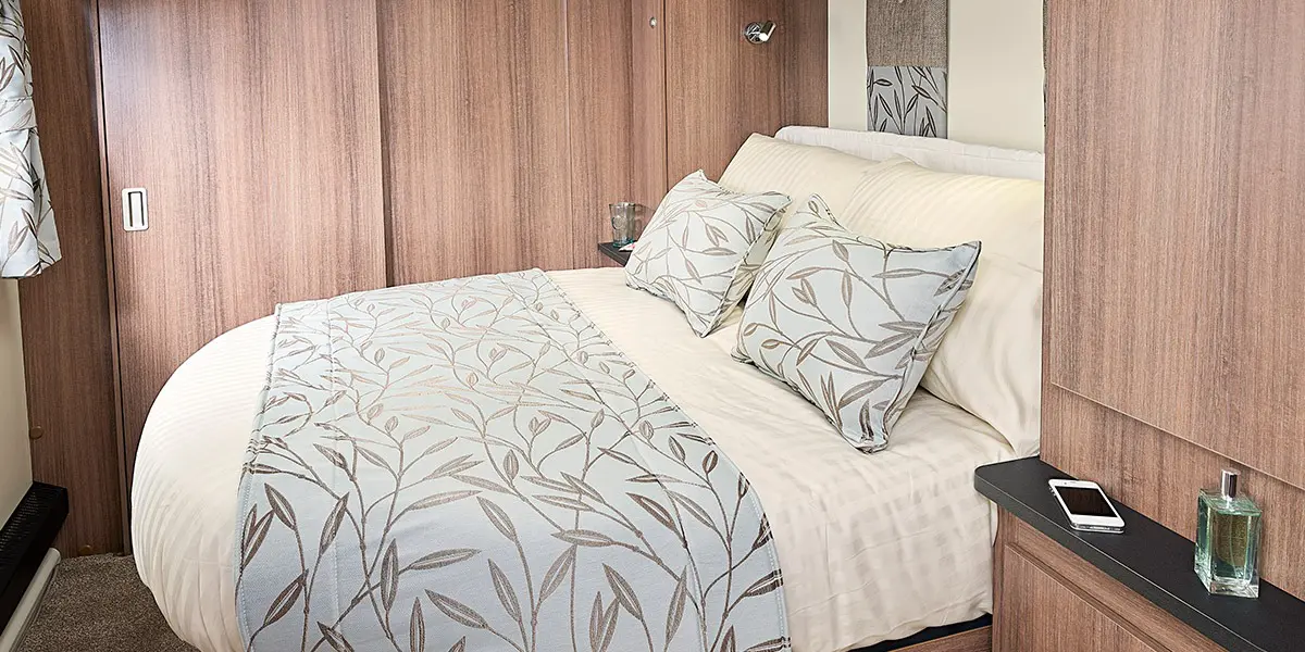 Unicorn Black Edition Cartagena bedroom with bespoke caravan bedding set to co-ordinate with caravan soft furnishings