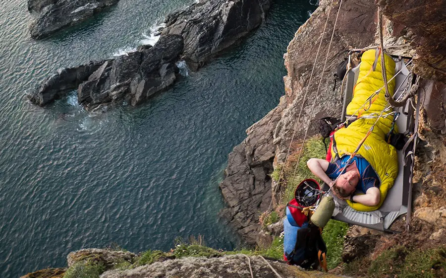Camping with a portaledge on the side of a sea cliff