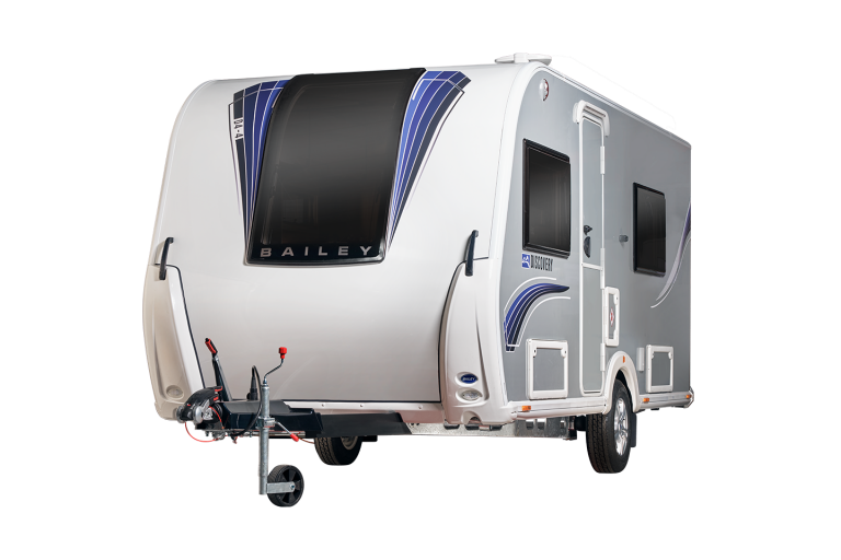 A Bailey of Bristol Discovery touring caravan on a white background