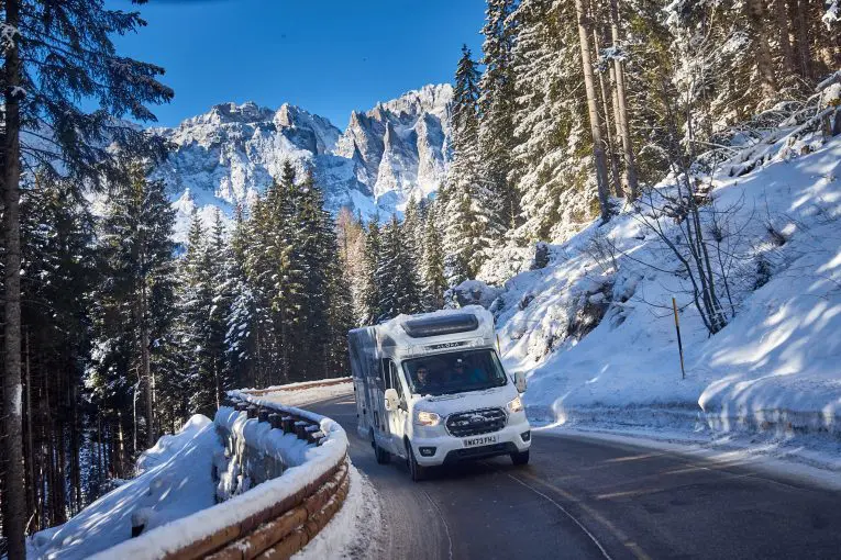 Bailey Alora motorhome driving through the Dolomites