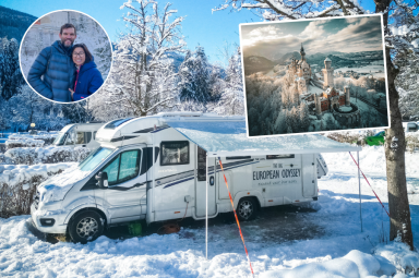 A Bailey motorhome with a pull out awning in the snow.