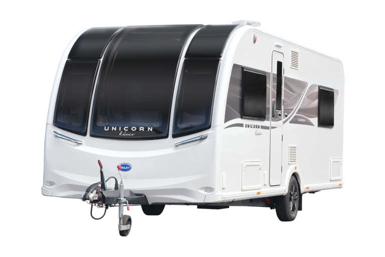 A Bailey of Bristol Unicorn touring caravan on a white background