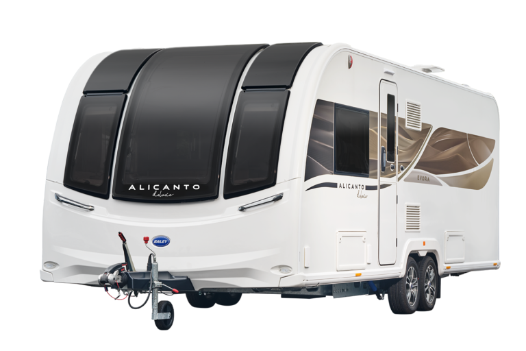 A Bailey of Bristol Alicanto Grande touring caravan on a white background
