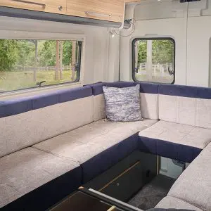 The B62 back doors can be closed to make a large U-shaped sofa, or left open to allow your pet access into the back of the campervan