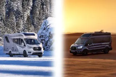A split-view image comparing a Bailey Alora motorhome in a snowy winter landscape with a Bailey Endeavour campervan in a golden desert at sunset, illustrating their adaptability to various terrains and climates.