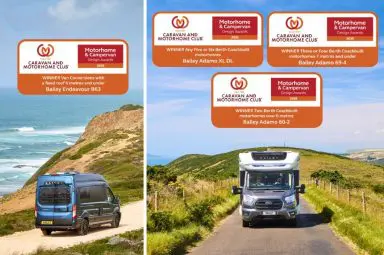 Bailey Stand Out at the 2025 Caravan and Motorhome Club Awards – A split-image showcasing a scenic outdoor adventure with a Bailey Endeavour campervan and a Bailey Adamo motorhome, highlighting award-winning designs in multiple categories.