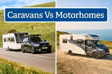 Split image comparing a Bailey caravan towed by a Volvo SUV on the left and a Bailey Adamo motorhome parked by the coast on the right, with 