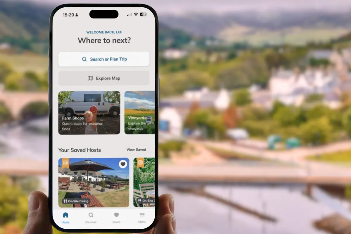 Brit Stops app home screen showing search, map and saved host options for planning a trip.