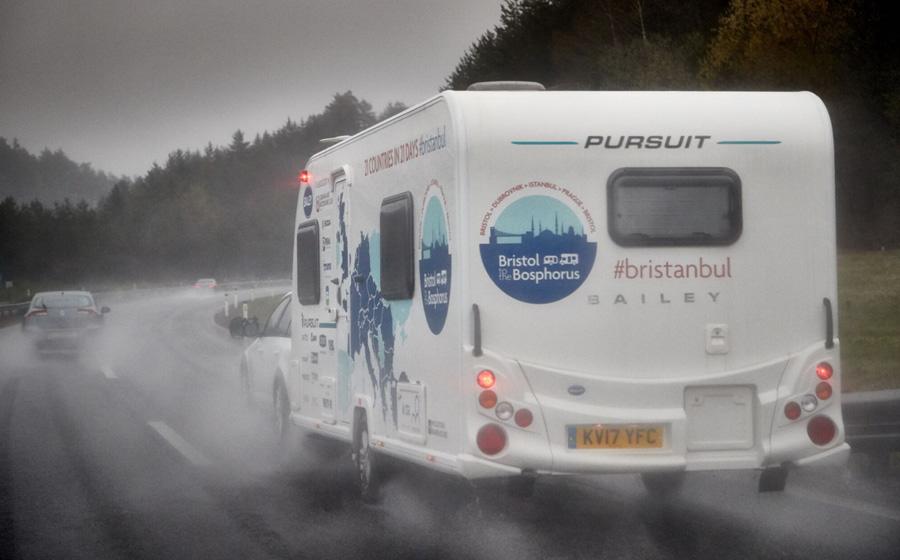 Caravan driving in rain