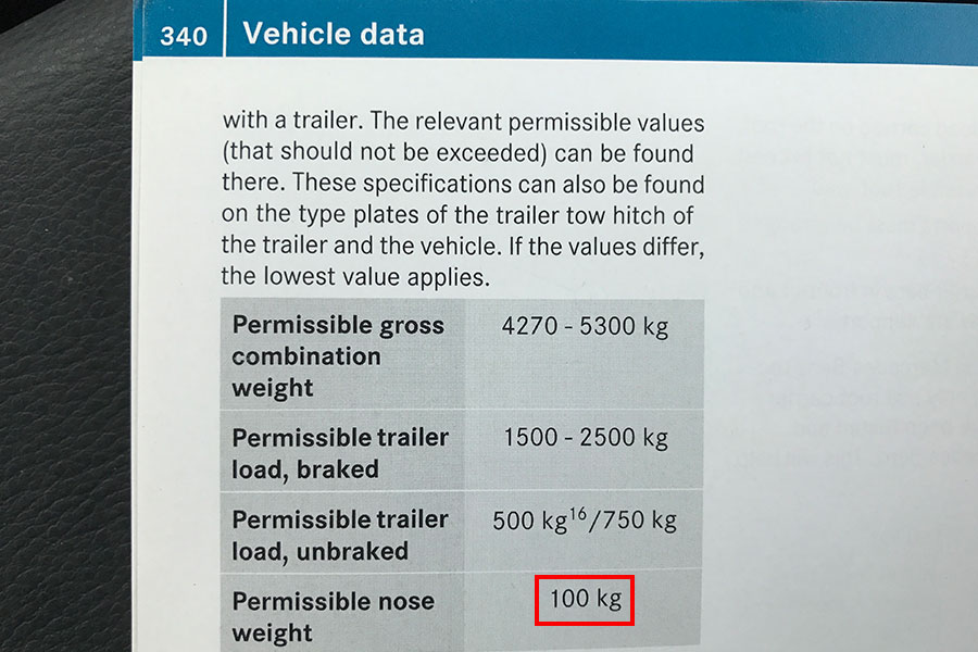 Example of the noseweight limit in a tow vehicle handbook