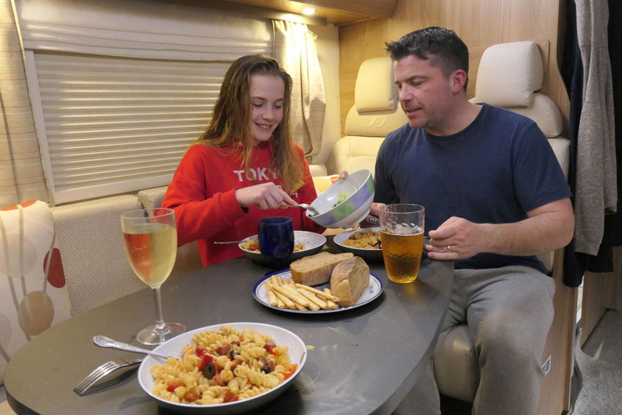 Dinner in a Bailey motorhome