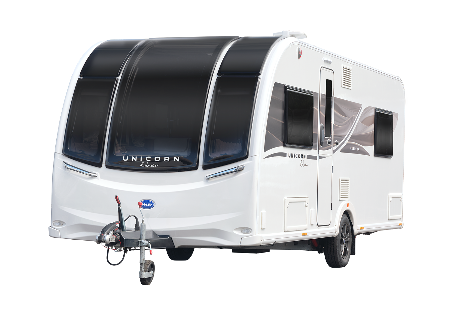 A Bailey of Bristol Unicorn touring caravan on a white background