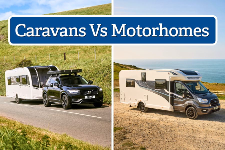 Split image comparing a Bailey caravan towed by a Volvo SUV on the left and a Bailey Adamo motorhome parked by the coast on the right, with