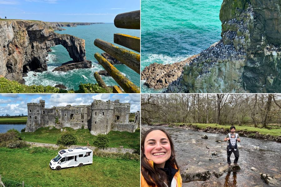 Dramatic view of natural sea arch formations on the Pembrokeshire coast. A cliffside colony of seabirds nesting above turquoise coastal waters. Bailey Alora motorhome parked beside an ancient stone castle with a moat. A woman smiling while a man crosses a shallow stream wearing a baby carrier.
