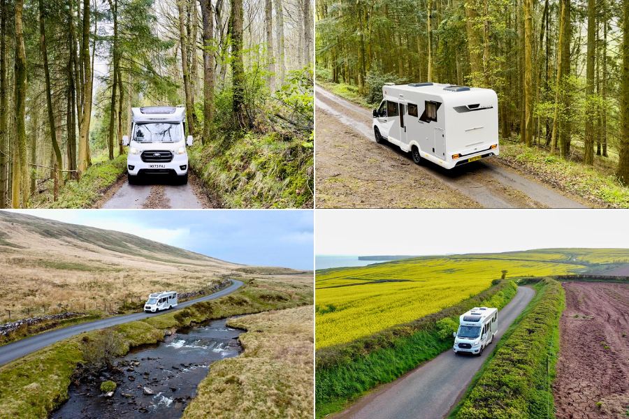 Bailey Alora motorhome driving down a narrow forest road lined with tall trees. Rear view of a Bailey Alora motorhome driving through a wooded trail. Bailey Alora motorhome cruising alongside a winding stream through a hilly rural landscape. Bailey Alora motorhome traveling between bright yellow rapeseed fields on a coastal country road.