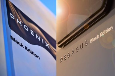Close-up of the Phoenix and Pegasus Black Edition exterior badges, capturing the new Black Edition branding and metallic finishes.