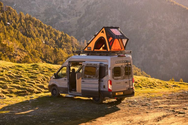 Bailey Endurance campervan parked in the mountains with the Tentbox roof tent pitched.