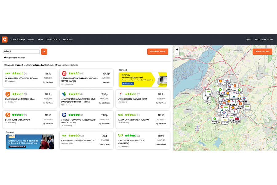 A screenshot of the PetrolPrices website