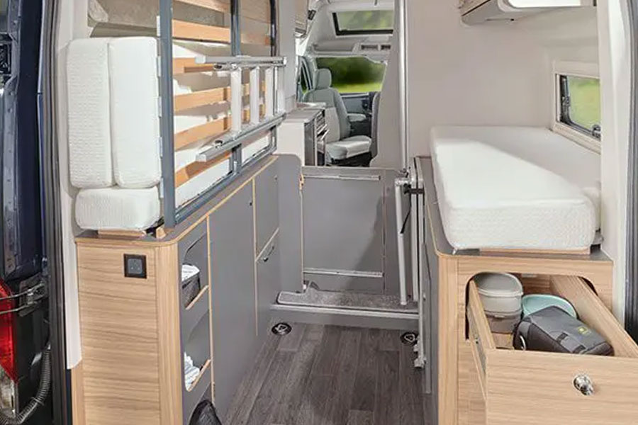 The rear bed folded up in a Bailey Endeavour E65