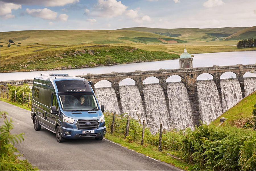 A Bailey of Bristol Endeavour campervan traveling over an aqueduct