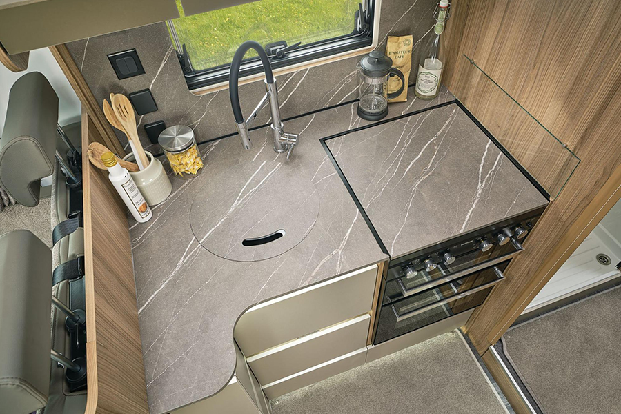 The kitchen of a Bailey Autograph 772 motorhome